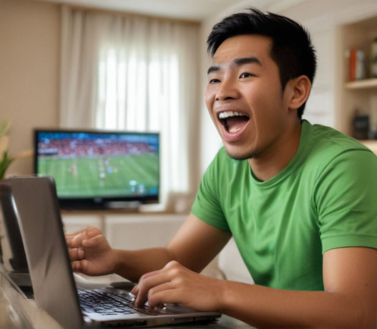 An Indonesian man cheers ecstatically in his living room, watching soccer on TV while winning the jackpot on an online slots game on his laptop. 