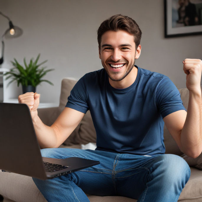 A man sits at home, smiling while using his laptop, celebrating a gaming victory.