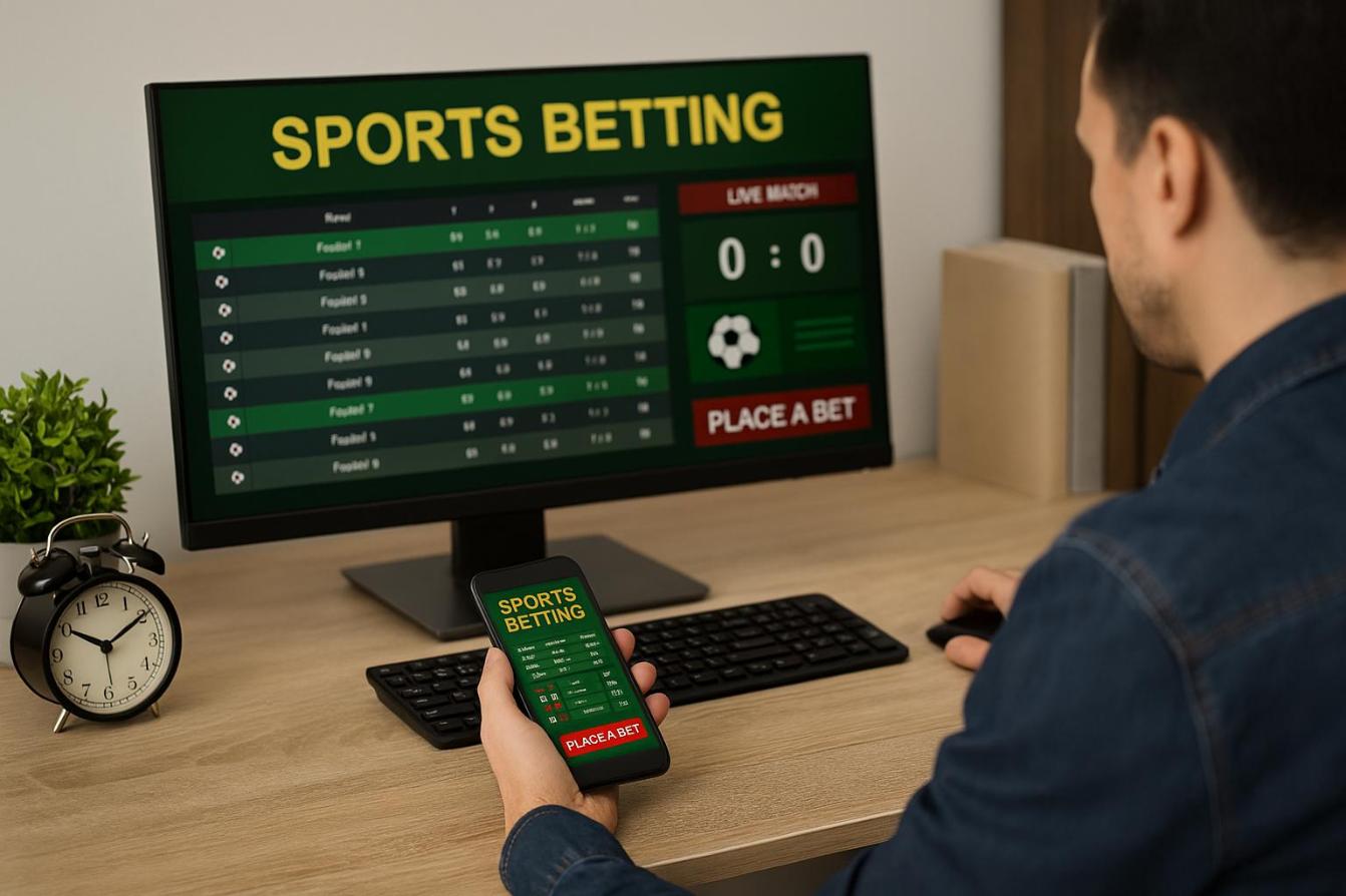 Man betting on sports online at desk with laptop and smartphone.