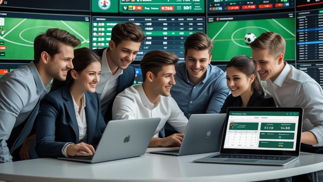 Young professionals collaborate in sports betting office with screens showing live matches.