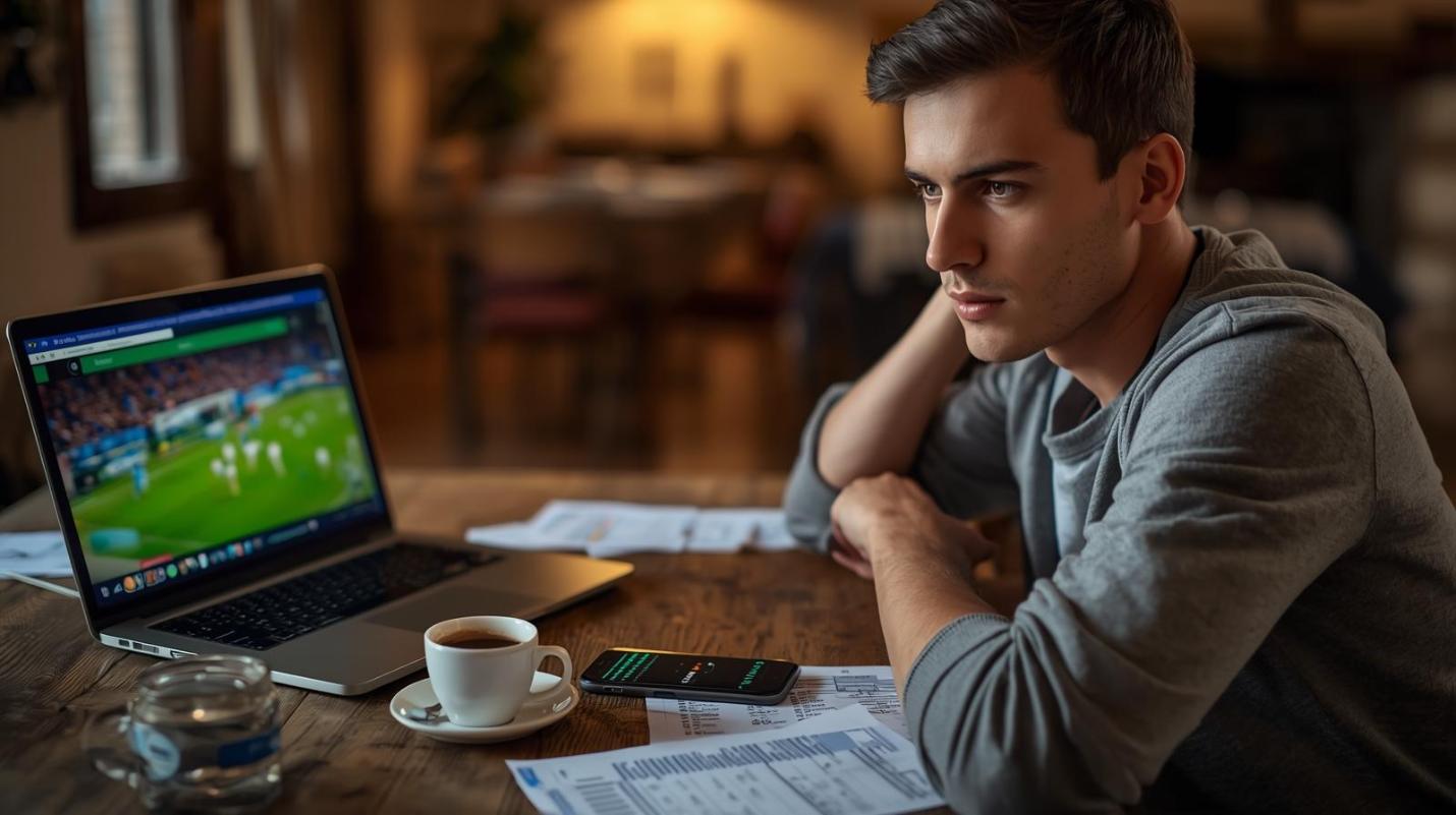 Italian man uses laptop and smartphone for live online sports betting.