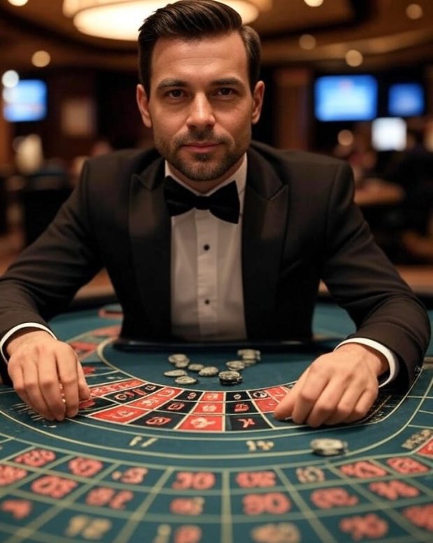 live dealer at a digital roulette table