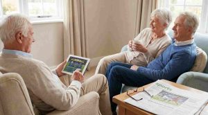 Seniors relaxing at the sala, the one is holding a tablet showing a baccarat game on the screen