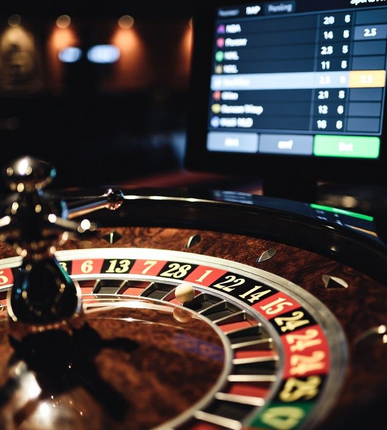 roulette wheel spinning beside a sportsbook betting screen