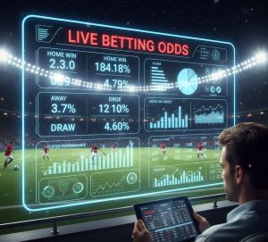 A football stadium during a live match with digital betting odds overlay on screen, sports bettor analyzing statistics on a tablet, dynamic lighting, realistic style, high detail.