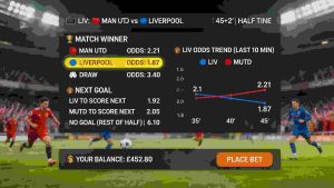 A live sports betting interface showing real-time odds changes during a football match, with dynamic graphs, flashing odds, and a stadium background filled with action