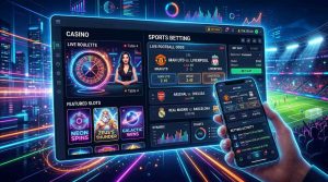 A modern digital illustration of a sleek online casino interface combined with a live sports betting dashboard