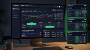 A detailed sports betting dashboard displaying odds comparison charts, probability percentages, and multiple sportsbook interfaces highlighting value betting opportunities
