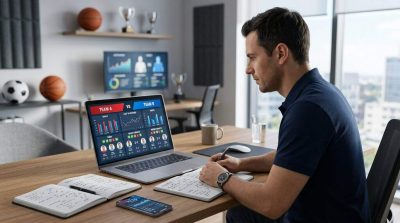 a sports analyst reviewing two competing teams before a match with a laptop displaying team statistics, recent match results, performance charts, and player information beside a notebook and smartphone