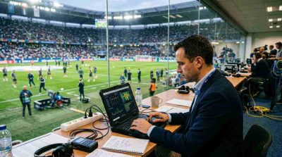 Football analyst studying match statistics and player performance on a laptop before a stadium match